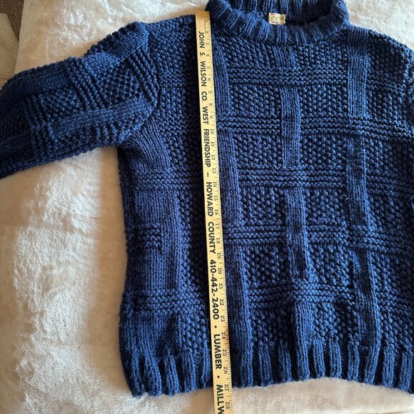 Handmade Handknit Basketweave Stitch Blue Chunky Mock Neck Textured Sweater W 2X - Picture 6 of 11